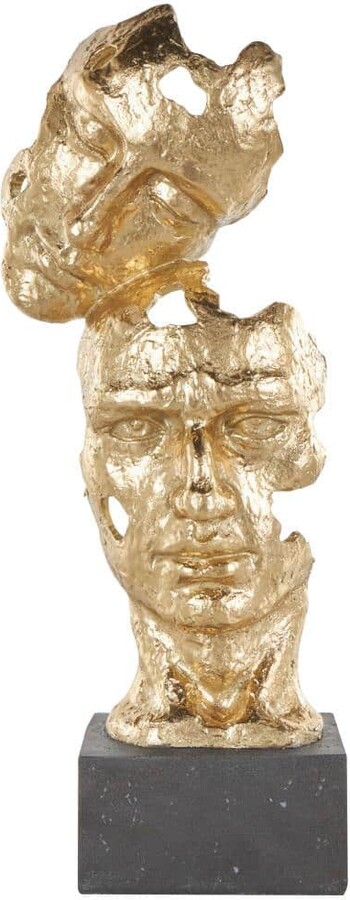 Litton Lane Gold Polystone Stacked Face Cutout Mask Sculpture with Black Block Base