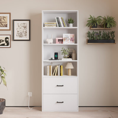 Ebern Designs White Display Cabinet Ghore With 4-Layer 2-Drawer And 2 USB 2 Outlet 70.86In.H