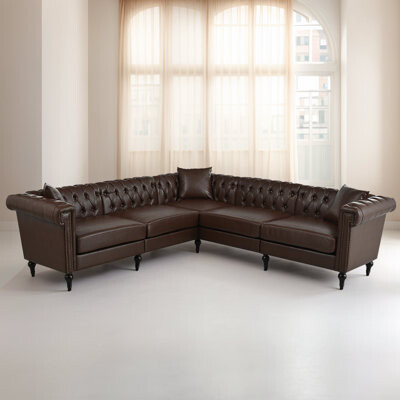 Red Barrel Studio Reversible L-Shaped Sectional Sofa - 5-Seater Chesterfield Style PU Leather Couch With Nailhead Trim For Living Room Or Large Spaces