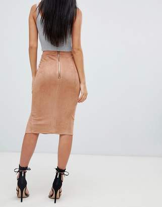 Missguided faux suede split leg midi skirt in camel
