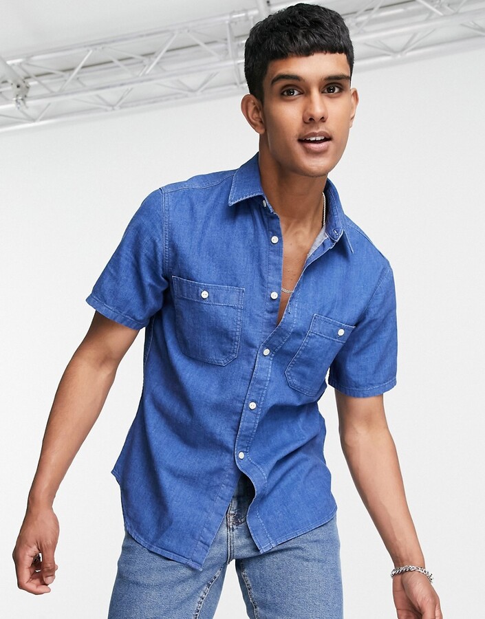 neutrale Inspecteren snap Tommy Hilfiger short sleeve denim shirt in mid wash blue - ShopStyle