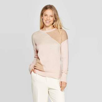 A New Day Women's Colorblock Long Sleeve Rib-Knit Cuff Crewneck Pullover Sweater Cream/Tan-target-try-on -session