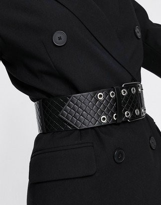 ASOS DESIGN wide double prong buckle belt in black quilt design