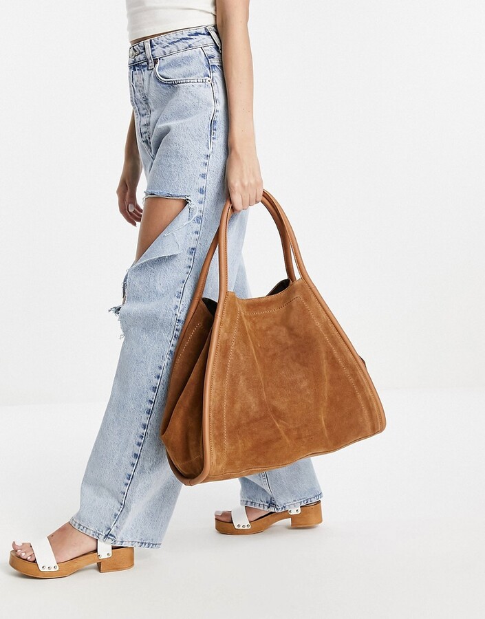 ASOS DESIGN suede tote bag with tubular piping in tan - ShopStyle