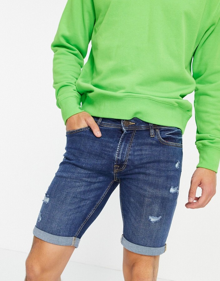 Jack and Jones Intelligence skinny denim shorts with rips in dark blue -  ShopStyle