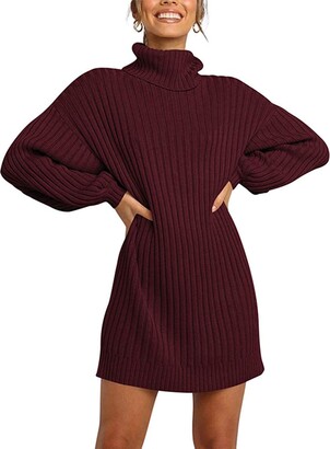 Cyiozlir Women's Knitted Dress Turtleneck Long Sleeve Jumper Dress Elegant Knitted  Jumper Long Loose Mini Dress Wrap Dress Casual Knitted Dresses for Women  Autumn Winter Dress - - Large - ShopStyle