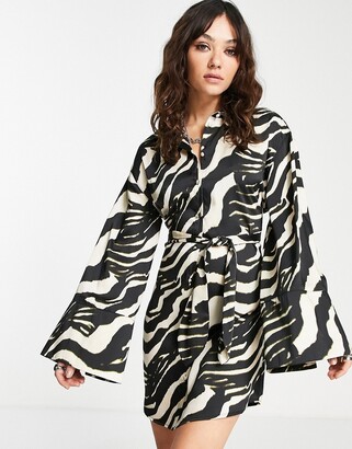 Topshop satin tie belt kimono sleeve mini dress in mono zebra - ShopStyle