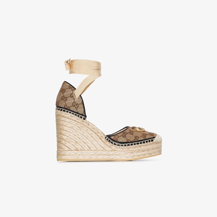 Gucci beige Pilar 85 logo espadrille wedge sandals - ShopStyle