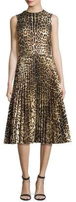 RED Valentino Sleeveless Leopard-Print Pleated Dress, Nero