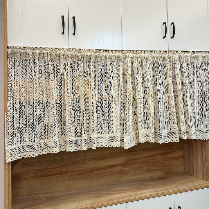 Beige Crochet Curtain Rod Pocket Boho Floral Coffee Curtain
