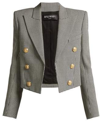 Balmain Prince Of Wales Virgin Wool Cropped Blazer - Womens - Grey Multi