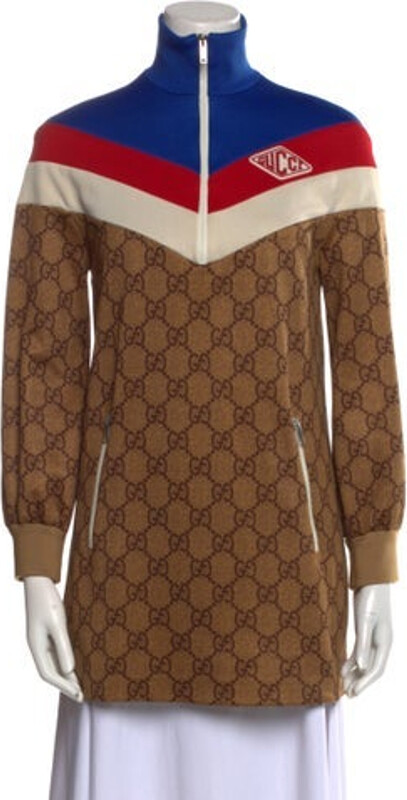 Gucci Tent Dress From the 2019 Collection by Alessandro Michele Brown GG Logo Long Sleeve with Mock Neck Exposed Zip Closure at Front Designer