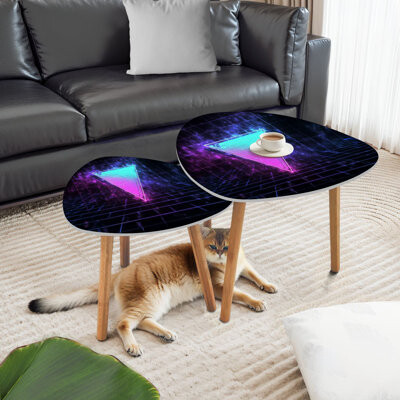 George Oliver Triangle Nesting Coffee Table Set of 2 Synthwave Vaporwave Retrowave Glitch inverted Triangle blue End Table Modern Minimalist Side Table Set for Livi