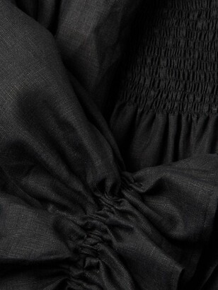 Sleeper Atlanta Puff-Sleeve Smock-Bodice Linen A-Line Midi Dress