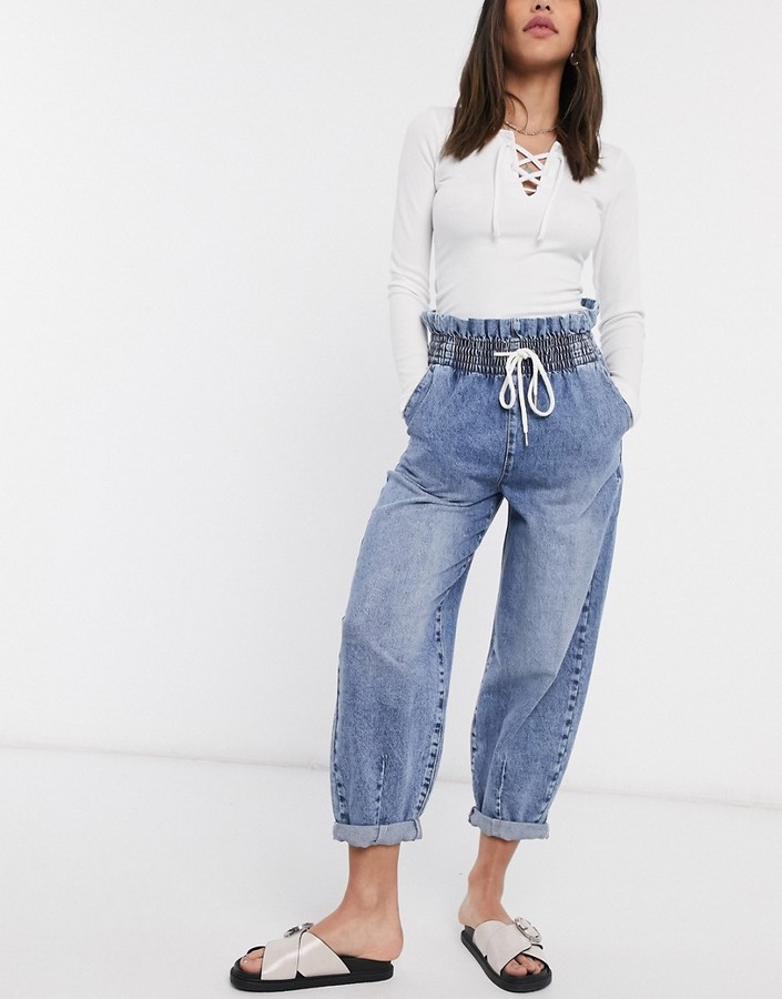 Bershka elasticated waist slouchy jean with tie detail in blue - ShopStyle
