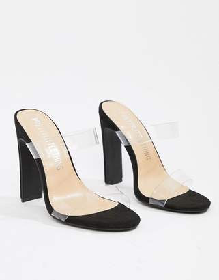 PrettyLittleThing clear strap block high heeled sandal in black