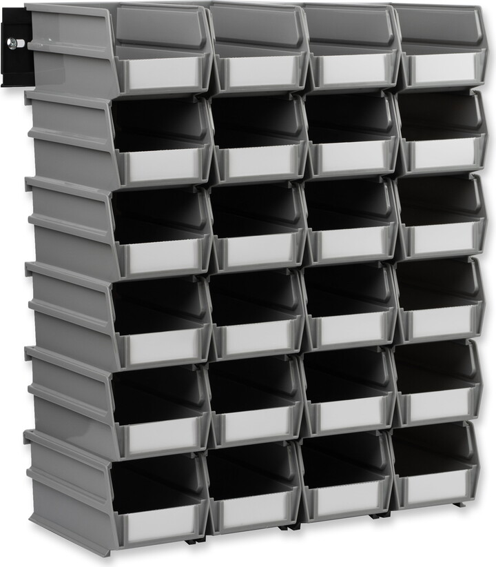 Triton Products 26 Pc Wall Storage Unit with 7-3/8 In. L x 4-1/8 In. W x 3 In. H Gray Interlocking Poly Bins, 24 CT, Wall Mount Rails 8-3/4 In. L with Hardware, 2 Pk