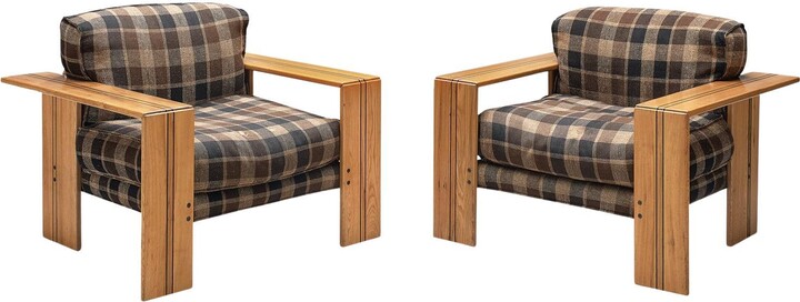 Afra & Tobia Scarpa Pair Of 'artona' Lounge Chairs In Elm And Checkered Fabric