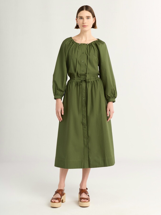 Free Assembly Women’s Gathered Neck Cotton Maxi Dress with Long Sleeves, XS-XXXL