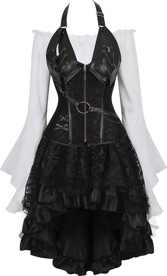 Josamogre Corset Dress Skirt 3 Set Women Steampunk Pirate Clothing Vintage Halloween Costume
