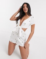 Thumbnail for your product : Fashion Union tie front embroidery beach playsuit in white