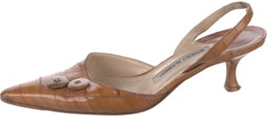 Manolo Blahnik Leather Slingback Pumps Brown Pointed-Toes Elasticized Straps