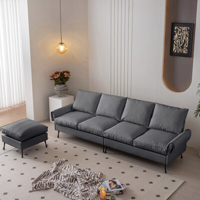 Latitude Run Modern L-Shaped Couch With Convertible  Waterproof Leather Dark Grey Contemporary Technical Color