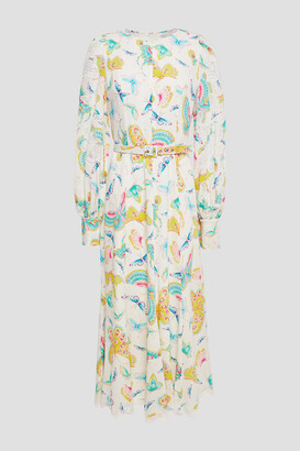 Andrew Gn Lace-trimmed printed silk-blend crepe de chine midi dress