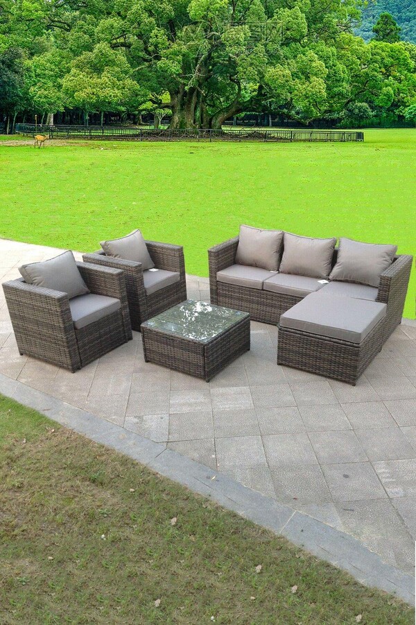 Fimous Lounge Rattan Sofa Set With Tables 2 Armchair Stool Outdoor