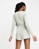Thumbnail for your product : Miss Selfridge long sleeve slinky wrap playsuit in sage