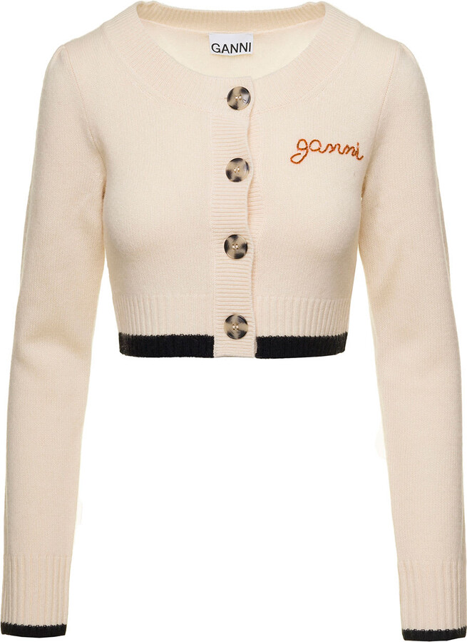 Ganni White Cropped Cardigan With Embroidered Logo And Oversize Buttons ...