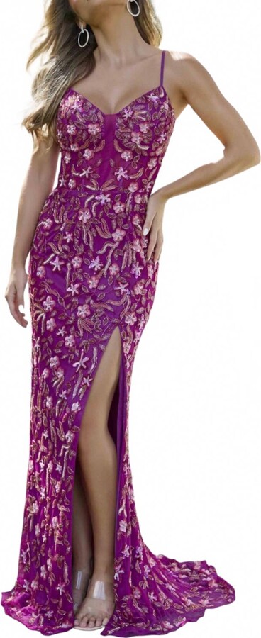 Primavera V-Neck Floral Prom Dress In Grape