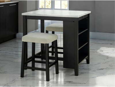 Latitude Run Dining Room Transitional 3Pc Dining Set Gloss Table Top W Storage Shelves Side 2X Stools Black Ivory White