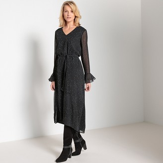 Anne Weyburn Long-Sleeved Printed Asymmetric Maxi Dress