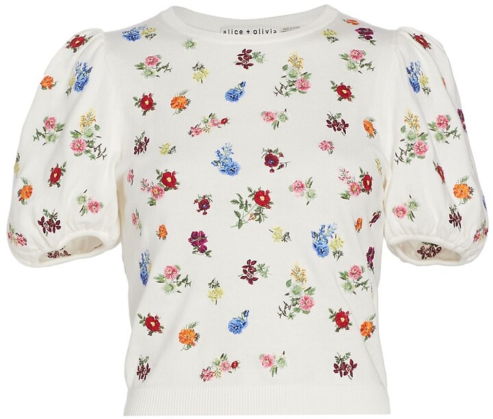 Alice + Olivia Risa Embroidered Puff-Sleeve Top - ShopStyle