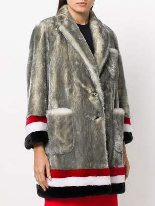 Thom Browne Single Breasted Sack Overcoat With Intarsia Red, White And Blue Stripe In Dyed Long Hair Mink Fur