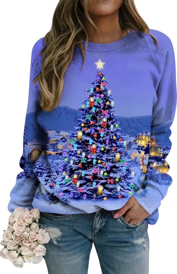 YNALIY Women Merry Christmas Trees Tunic Tops Oversized Long Sleeve Crew Neck Graphic Print Pullover Blouse 