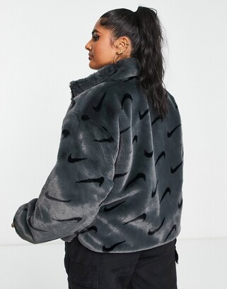 Nike Plus all over swoosh faux fur jacket in smoke grey and black -  ShopStyle