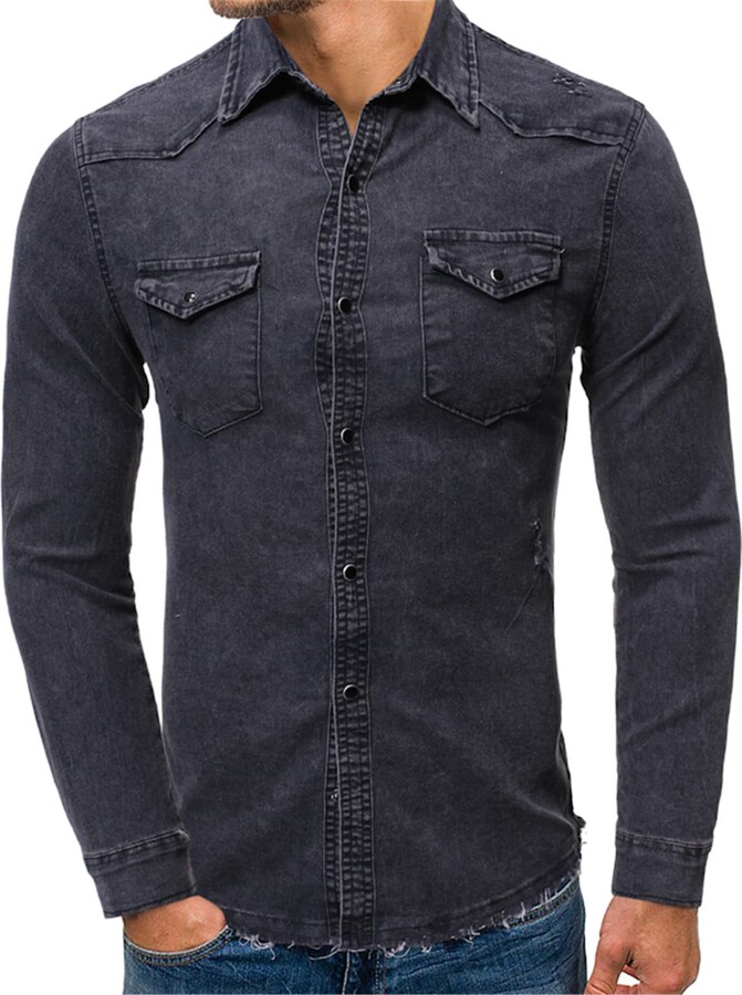 kewing Men's Slim Denim Shirt Cotton Long Sleeve Stud Button Down Top