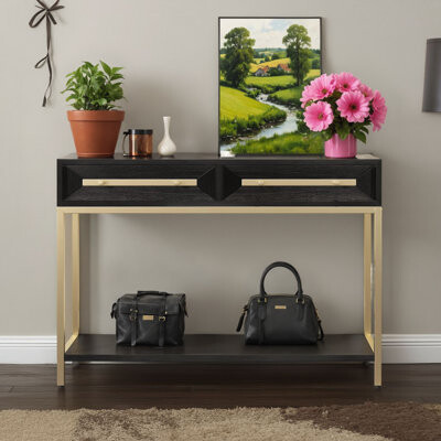 A Black Vintage Console Table With Two Drawers Suitable For The Entrance And Living Room, With A Striking Geometric Design That Stands Out