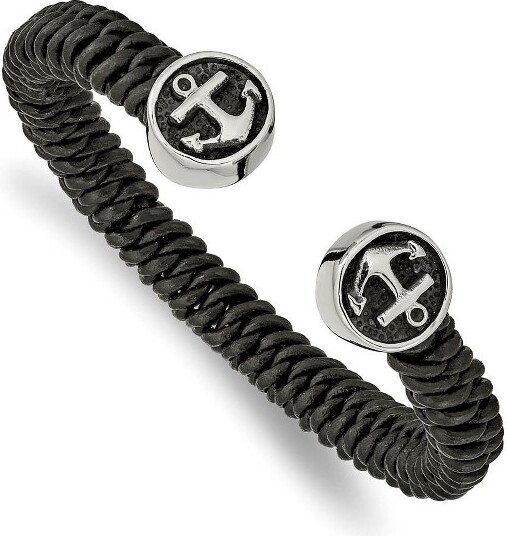 Black Bow Jewelry Co. BlackBowJewelryStainlessSteel&BlackLeatherWoven&AnchorCuffBracelet