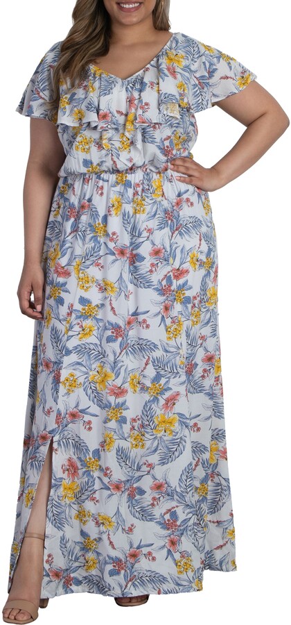 Sharemen Womens Plus Size Cold Shoulder Floral Slit Hem Tropical Summer Maxi Dress 