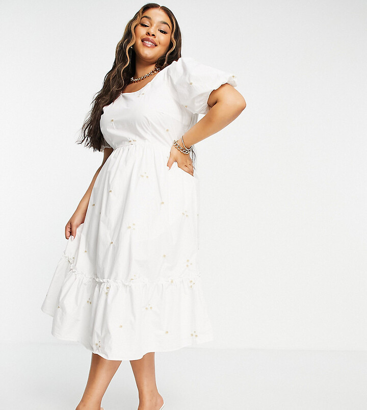 Vero Moda Curve cotton embroidered midi cotton smock dress in white -  ShopStyle