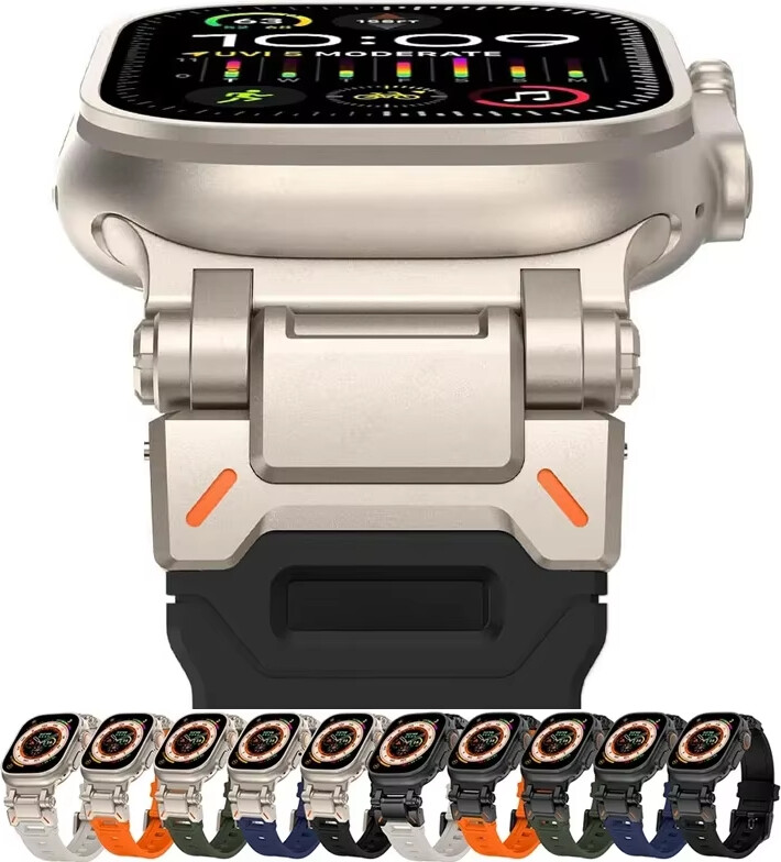 Crested Silicone Strap For Apple Watch Ultra 2 Band 49mm Rugged metal+rubber Bracelet iWatch Series 10 9 6 3 7 8 SE bands 44mm 45mm 46mm