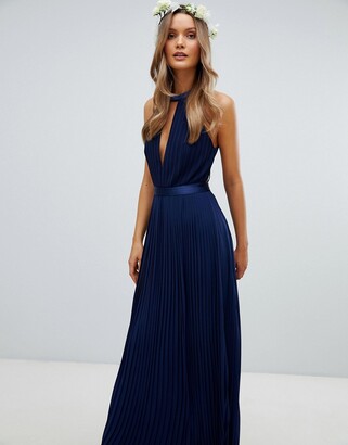 TFNC Pleated Maxi Bridesmaid Dress with Cross Back and Bow Detail