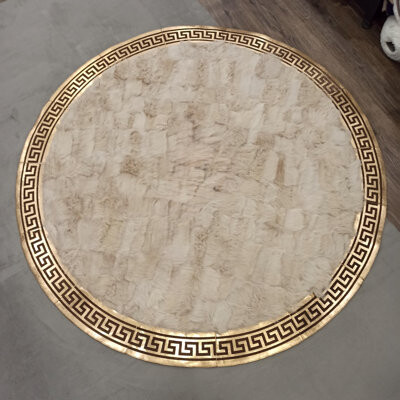 Rosdorf Park Round Tuscan Area Rug With Gold Greek Key Border Beige Leather Carpet_Round