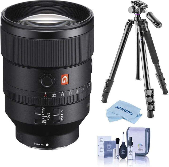 Sony Fe 135mm F1.8 Gm Lens for Sony E, Bundle with Takama 3-Section Aluminum Video Tripod with Fluid Head, Cleaning Kit, Cleaning Cloth
