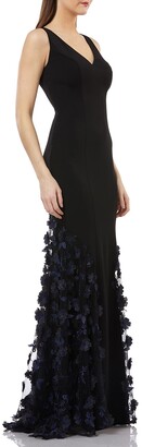 Carmen Marc Valvo Sleeveless Crepe Trumpet Gown with 3D Floral Mesh Detail