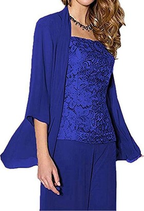 KA Beauty Women's Royal Blue 3 PC Chiffon Mother of The Bride Pants Suit with Long Sleeves Appliques Lace Pleat Jacket for Weddinng UK16