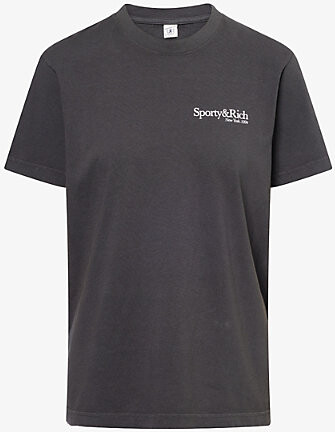Sporty & Rich Womens Faded Black Sports Logo-Print Cotton-Jersey T-Shirt Xs
